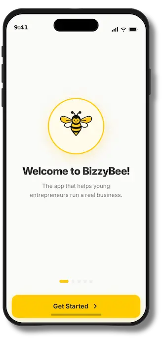 BizzyBee app showing the first onboarding and welcome screen for the app