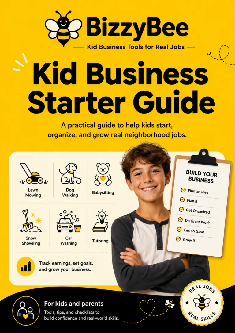 Front cover of the BizzyBee Kid Business Starter Guide showing a kid smiling and example kids jobs