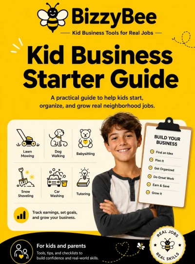 Front cover of the BizzyBee Kid Business Starter Guide showing a kid smiling and example kids jobs
