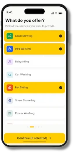 BizzyBee app onboarding screen showing how to select specific jobs